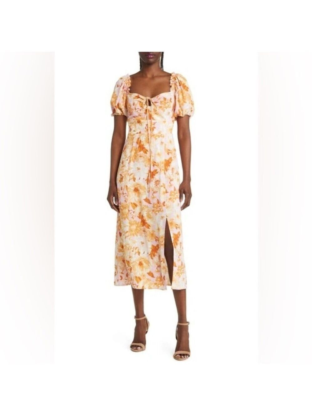 Charles Henry Floral Puff MIDI Dress, Gold Watercolor, Size M NWT
